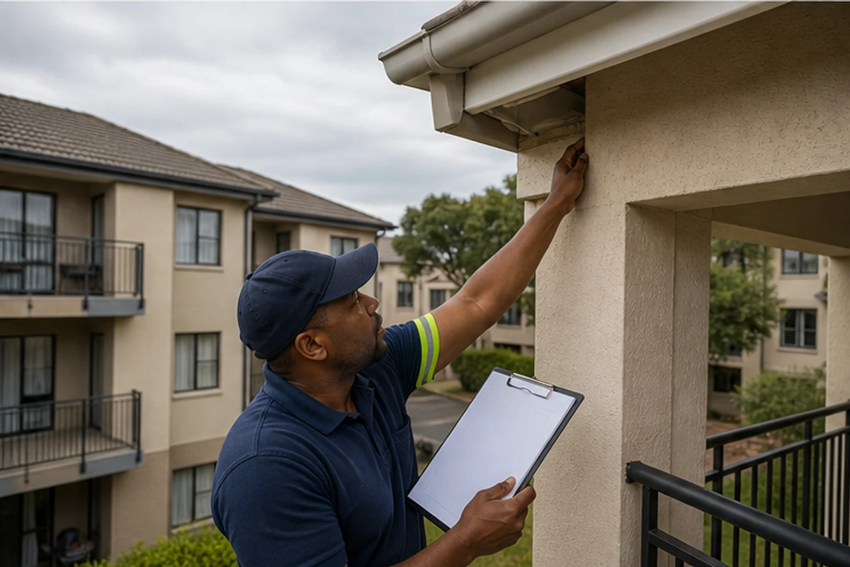 Contractor checking a balcony edge in a sectional title complex