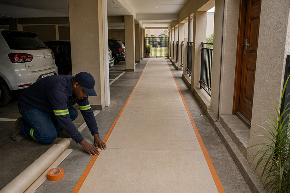 Protected common walkway outside a unit during renovation works