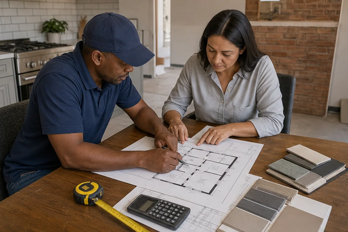 Homeowner and contractor selecting rooms on a printed floor plan