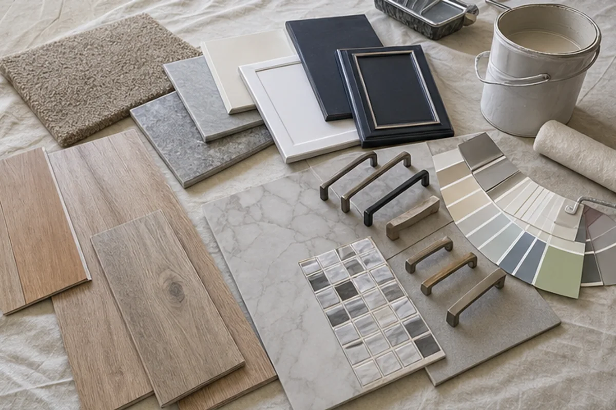 Flooring, paint, bathroom tile and cupboard handle samples on a site table