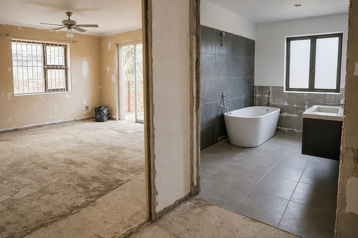 Stripped bedroom and bathroom renovation zones being assessed for budget