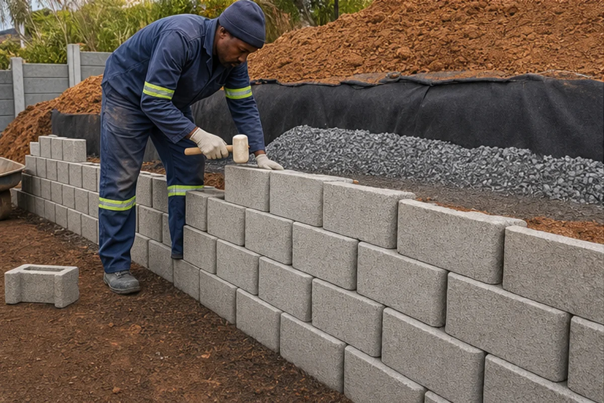 Drainage stone and membrane placed behind a retaining wall