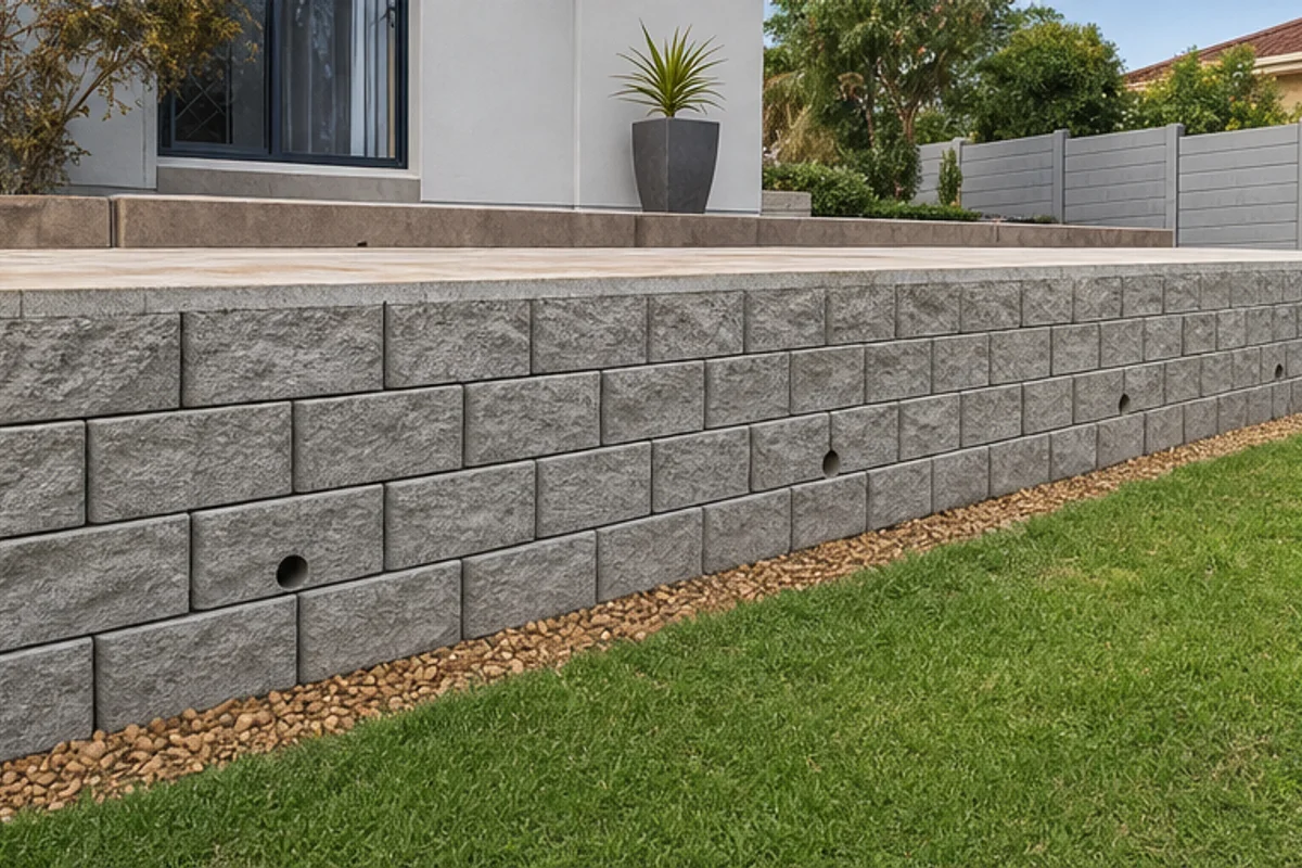 Finished retaining wall supporting a driveway edge