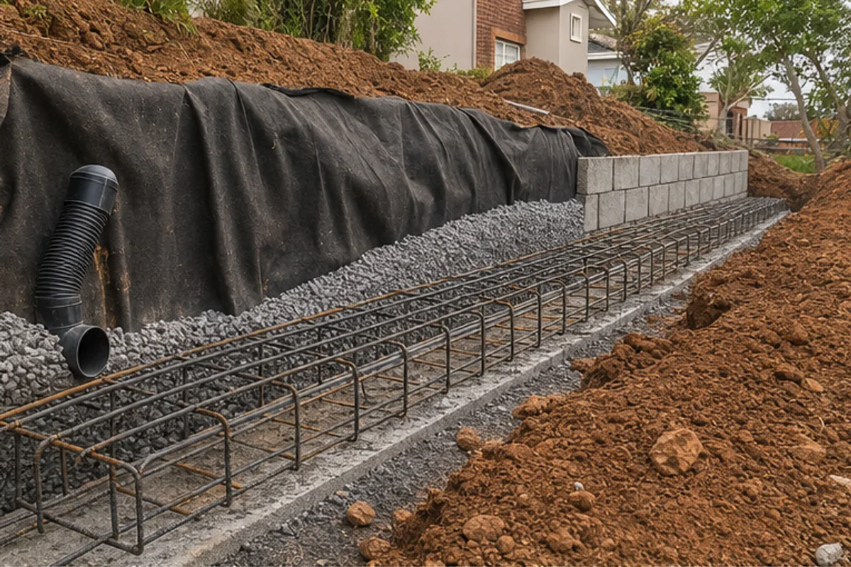 Reinforced block retaining wall being built on a residential slope
