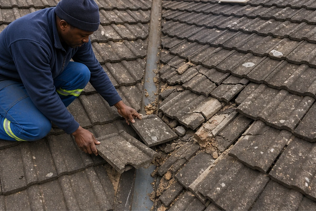 Roofer lifting broken concrete roof tiles near a valley after hail damage