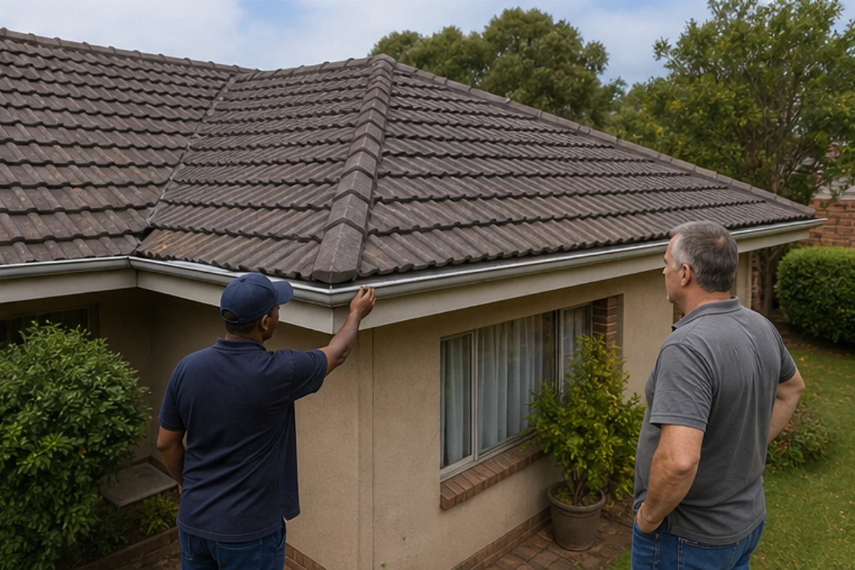 Contractor and homeowner checking a repaired tiled roof and gutter line