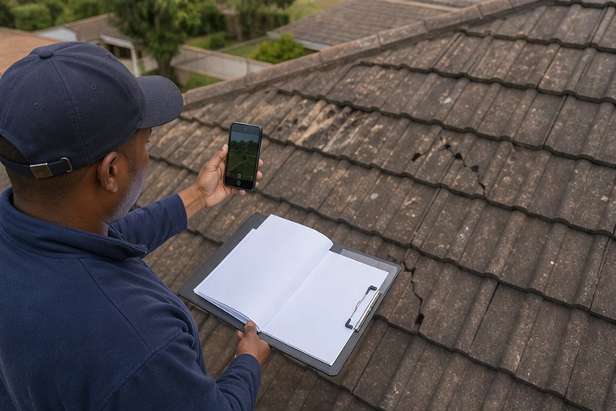 Contractor photographing roof tile damage while recording repair notes on a clipboard