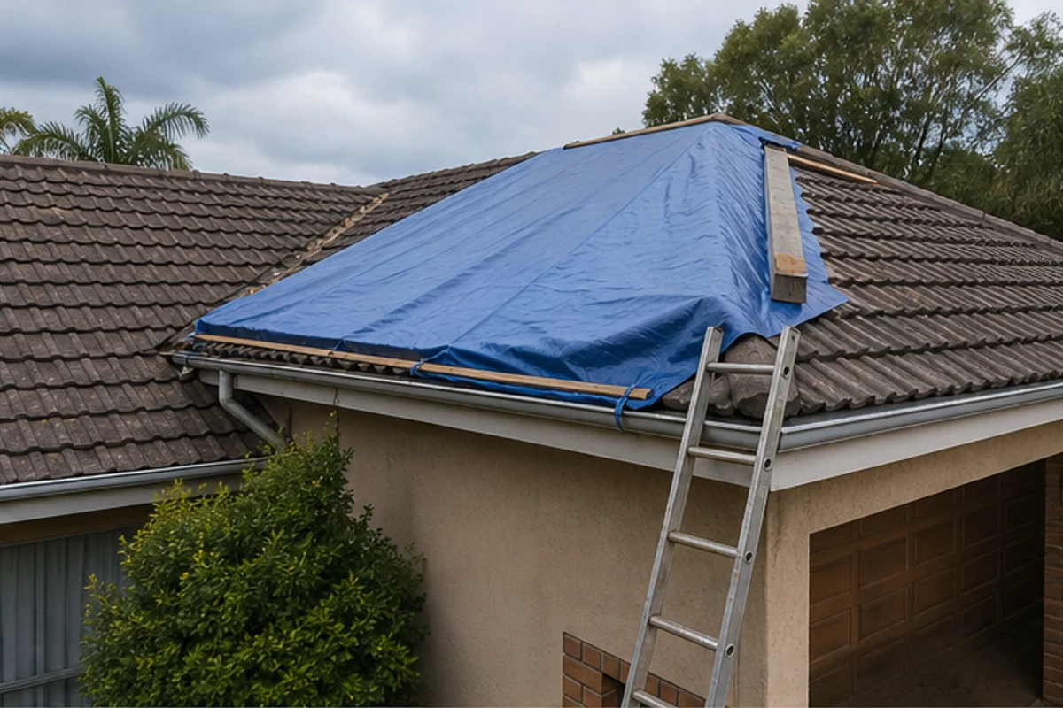 Blue tarp secured over hail-damaged roof tiles before permanent repairs