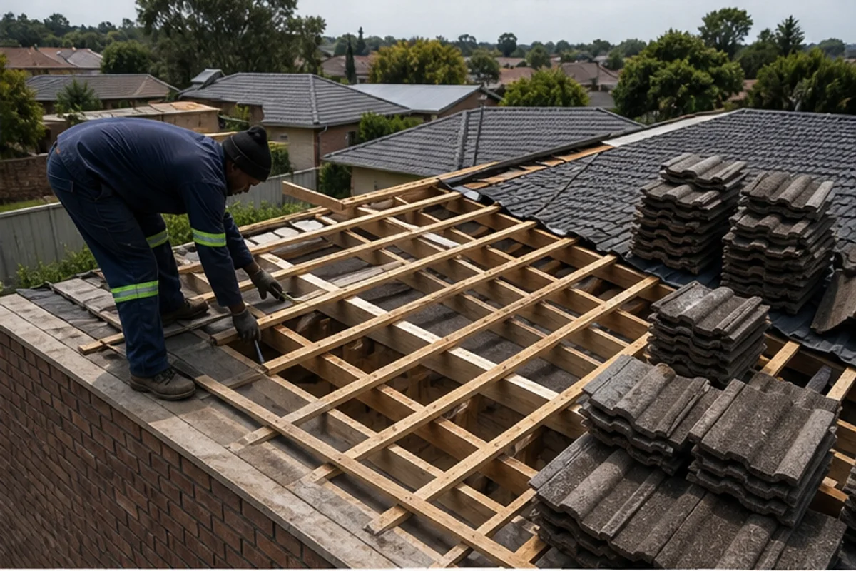 Damaged roof tiles lifted for repair around a leaking area