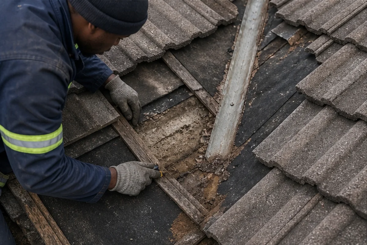 Worker checking fasteners on a metal roof sheet