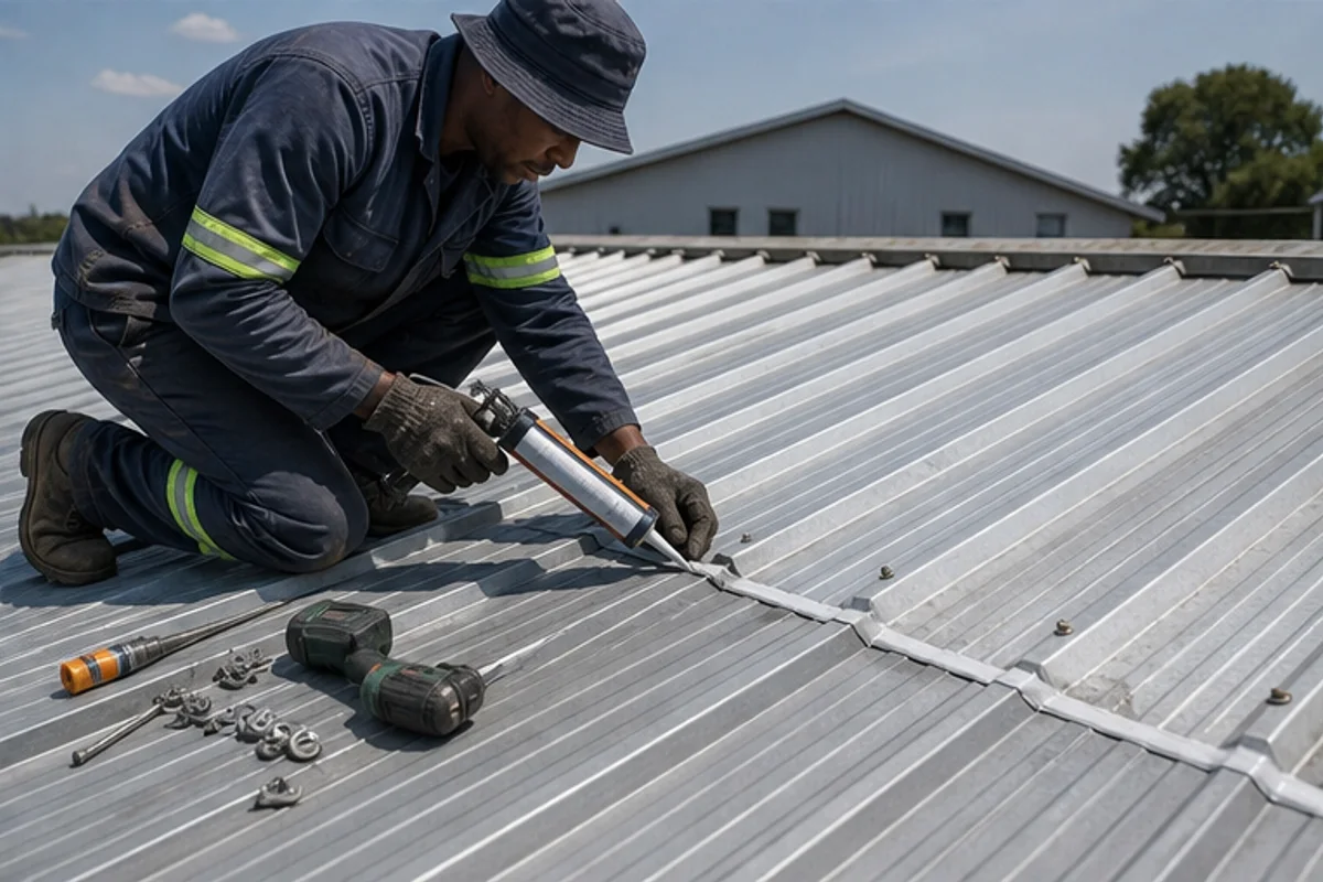 Roof restoration site with ladders and safety setup in place