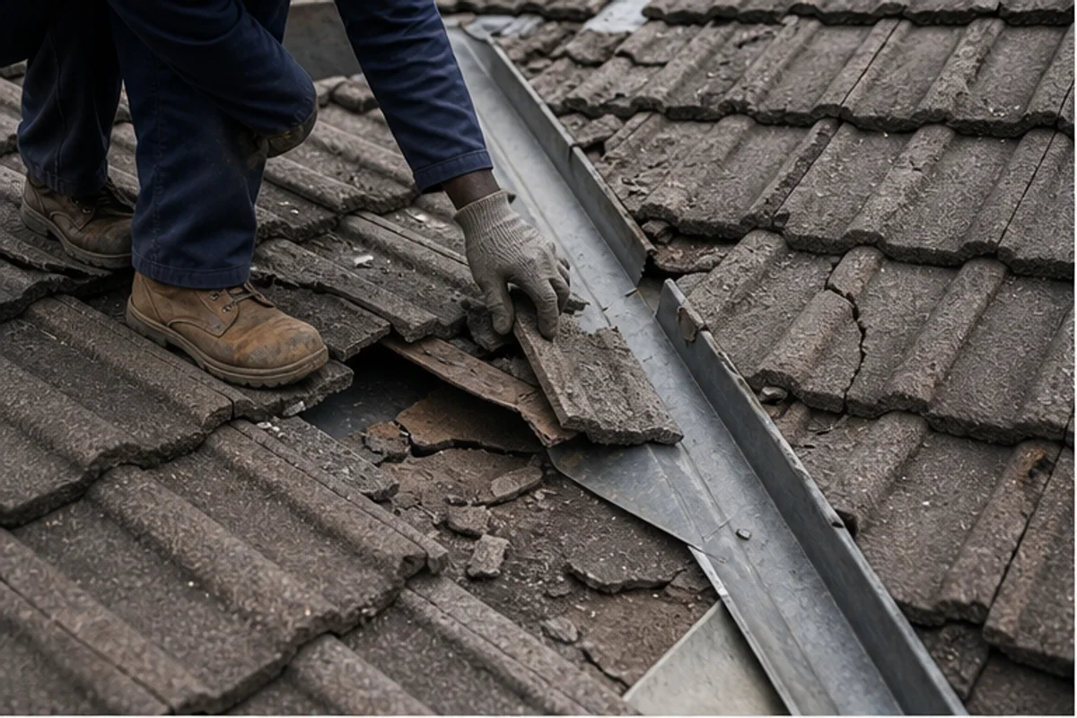 Contractor inspecting roof tiles and gutters on a suburban home