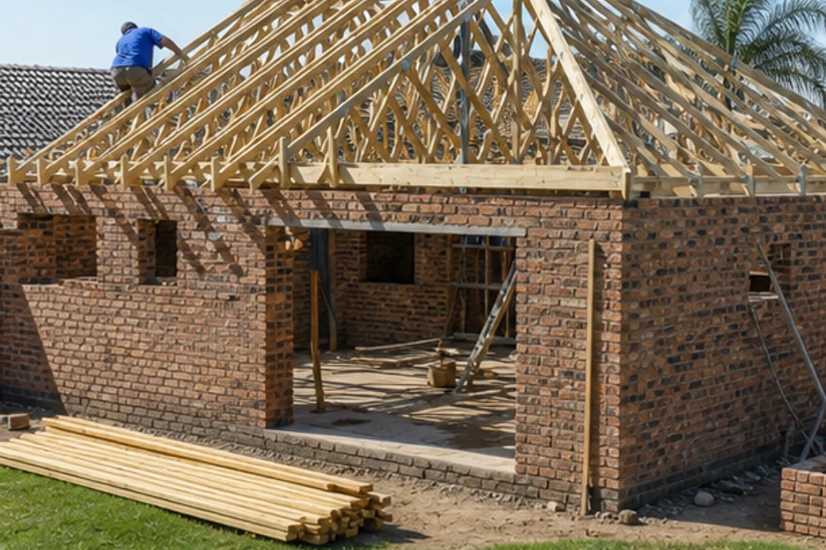 Roof trusses installed on a brick home extension shell