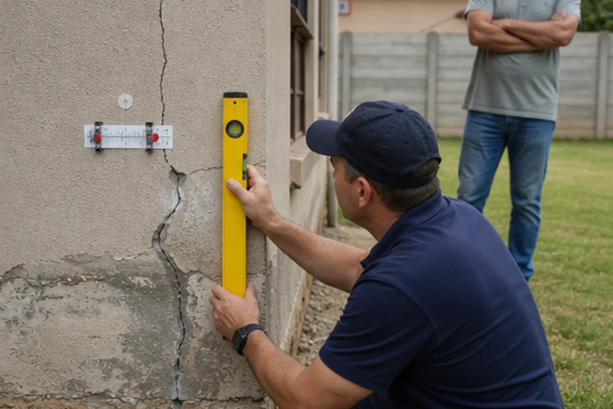 Foundation movement inspected beside a cracked exterior wall