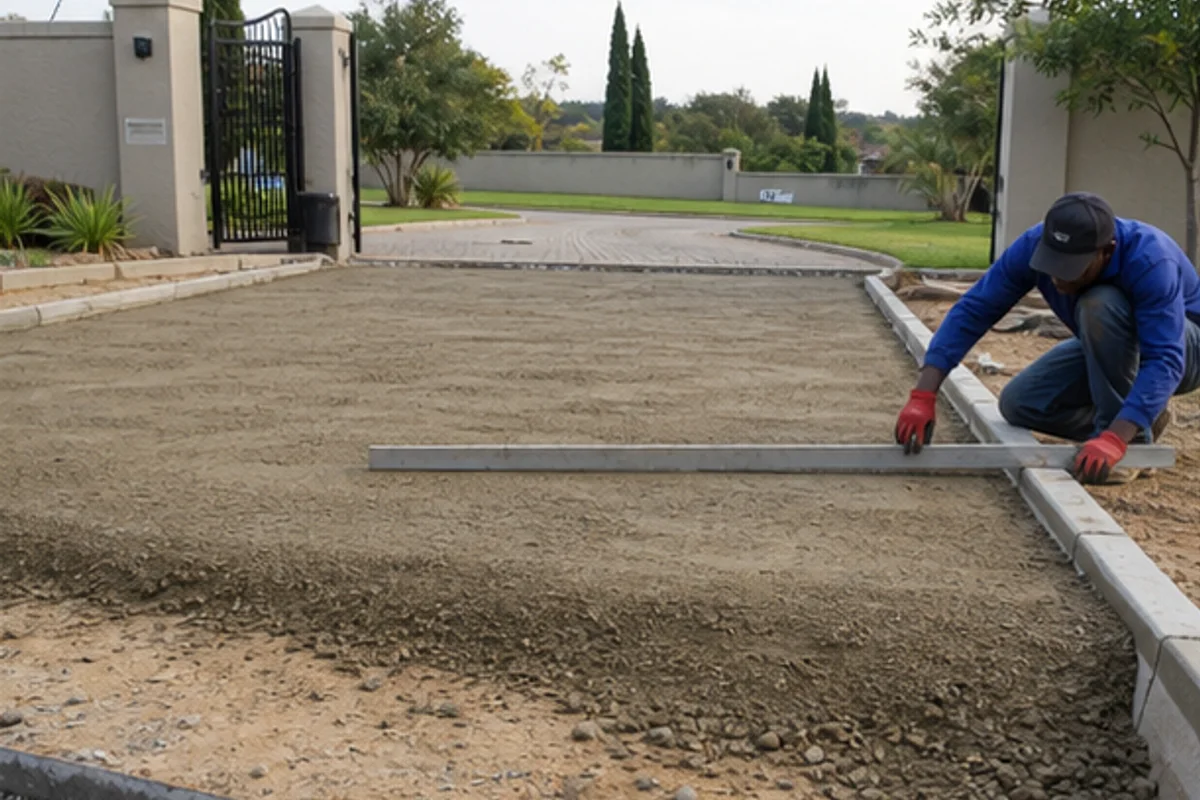 Driveway paving base levelled on a broad residential entrance