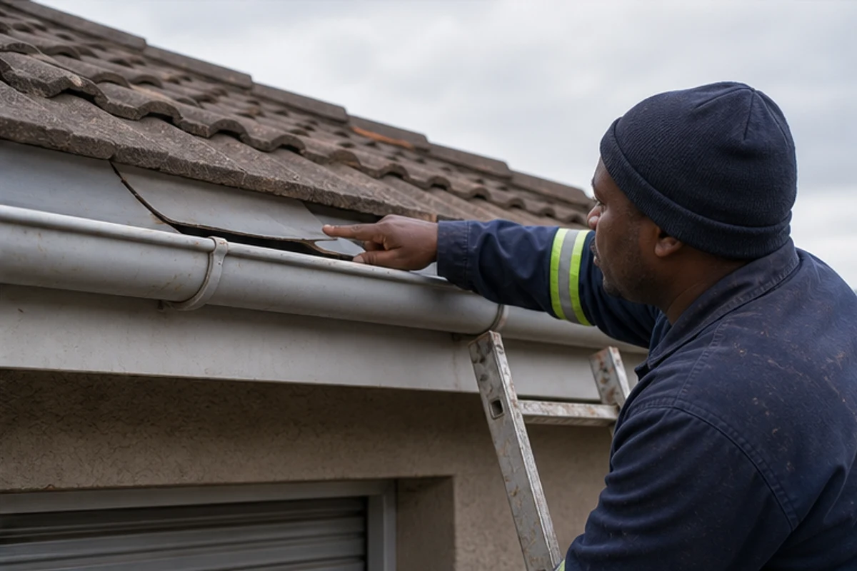 Roofer inspecting a flashing gap near a tiled roof edge from a ladder