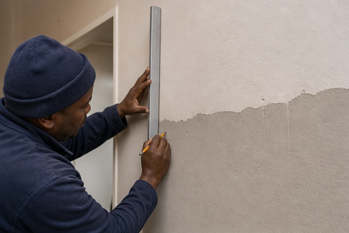 Uneven plaster and paint being checked with a long straightedge