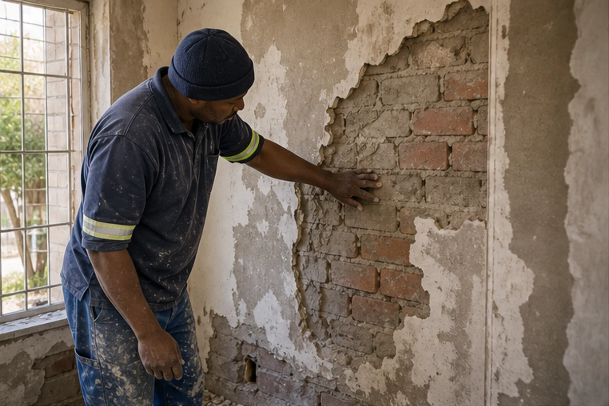 Damaged wall stripped back to masonry before plaster repairs