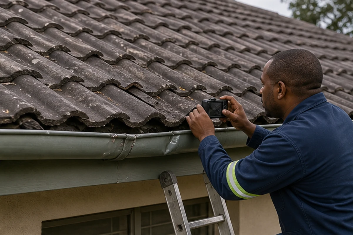 Contractor documenting hail-damaged roof tiles and a dented gutter