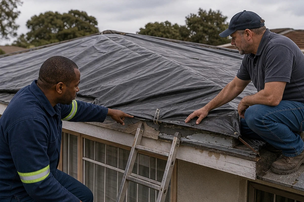 Roofer and assessor reviewing damaged flashing and a temporary tarp on a roof