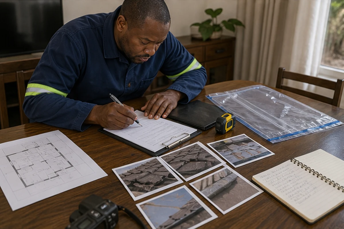 Blank claim forms and repair notes arranged with photos and a tape measure