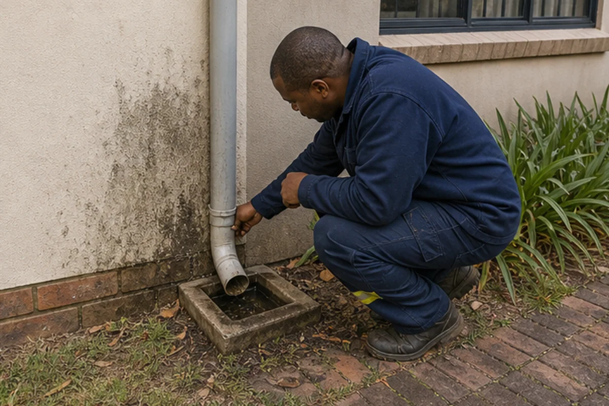 Builder checking stormwater runoff and a blocked downpipe at a house corner