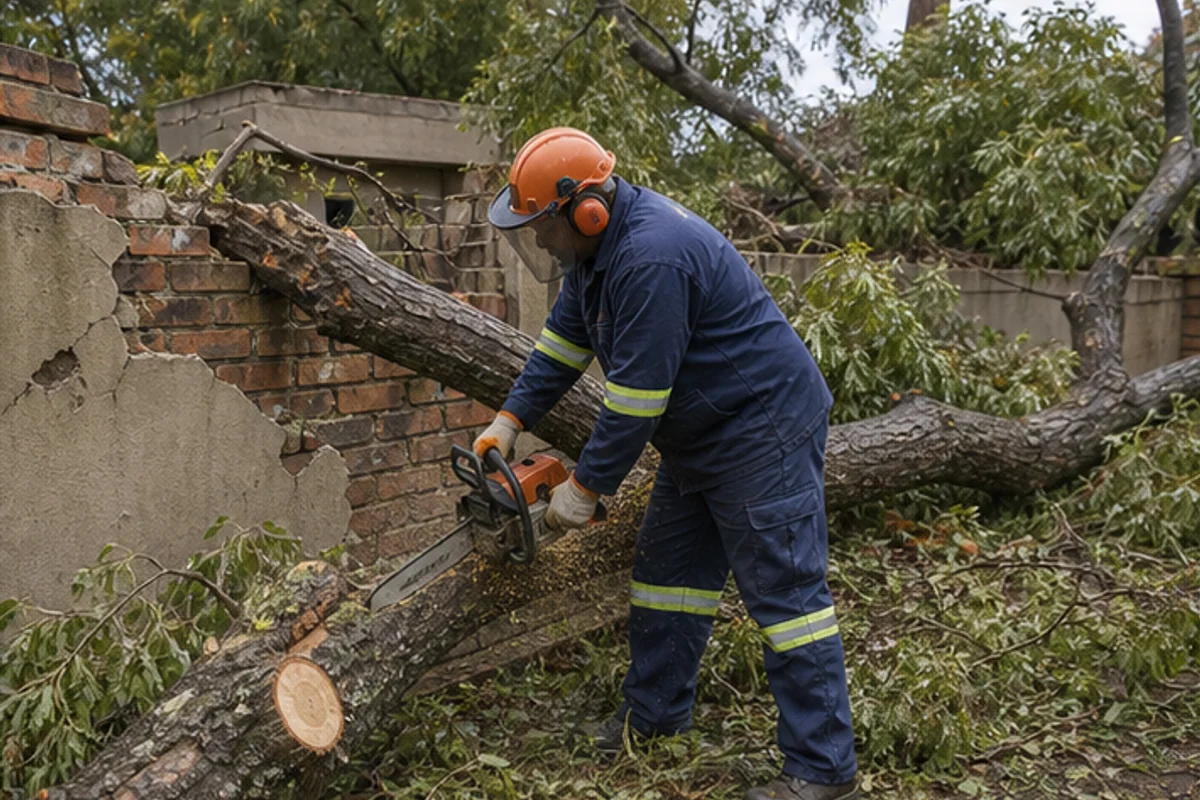 Worker cutting a fallen tree branch beside a damaged boundary wall