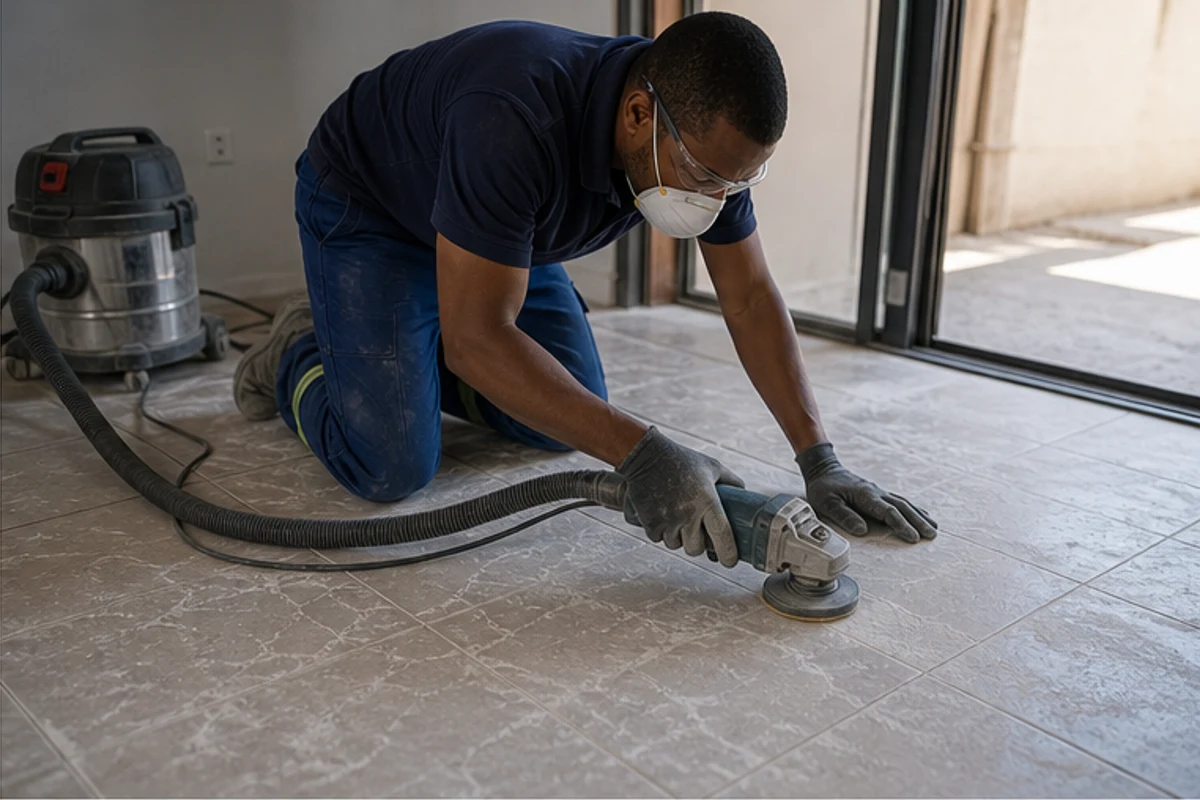 Old glossy tiles abraded and cleaned for better tile adhesion