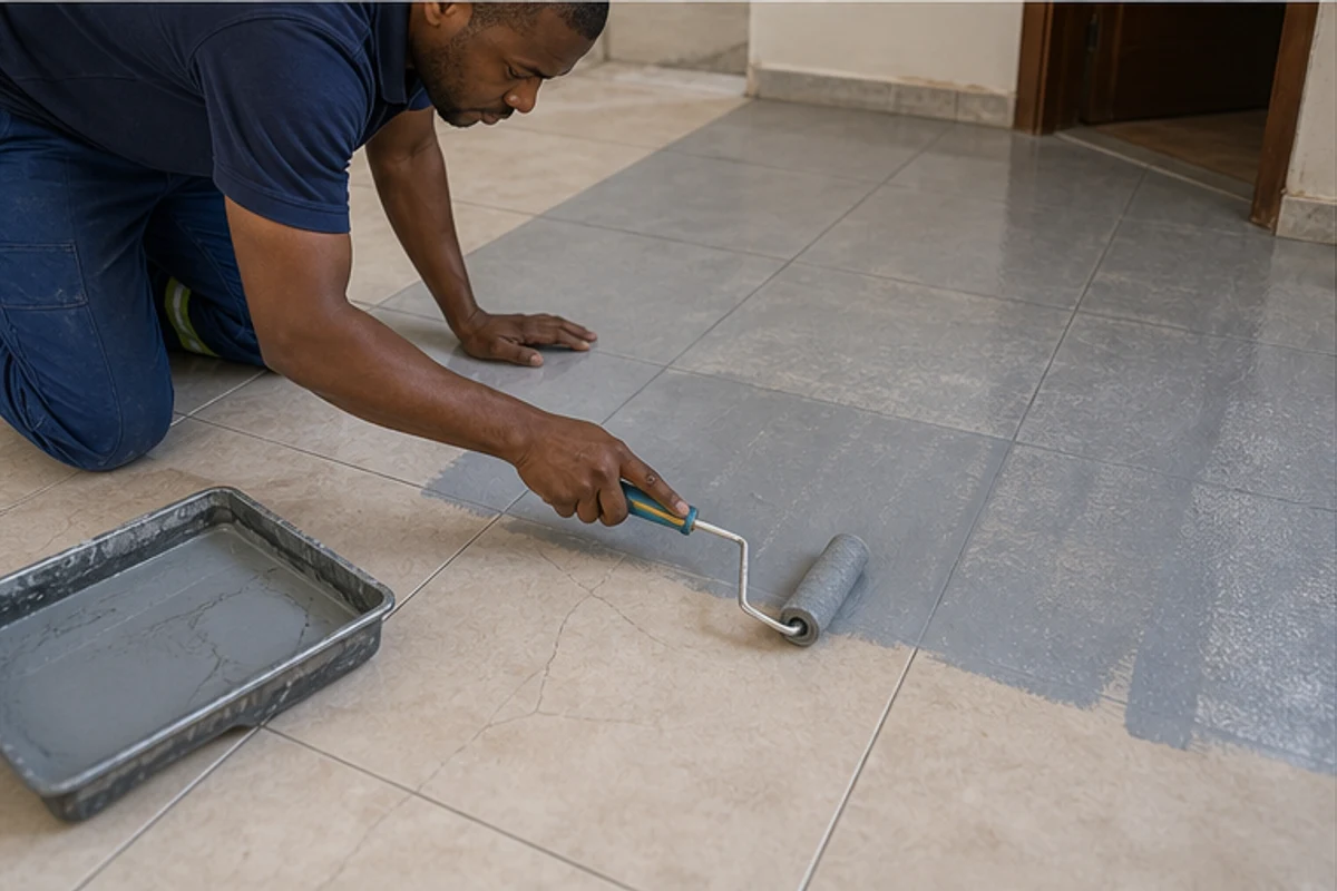 Bonding primer rolled over existing tiles before new tiling