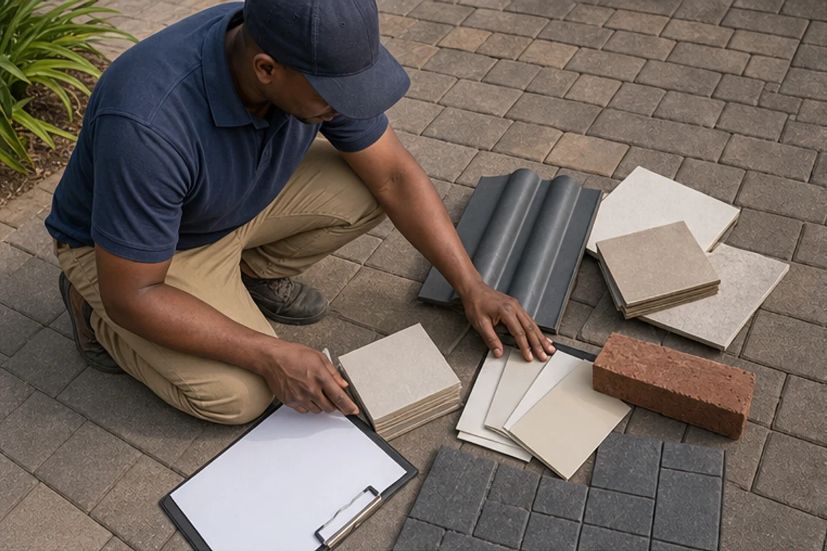 Contractor reviewing estate finish samples, bricks and roof tiles on a paved driveway
