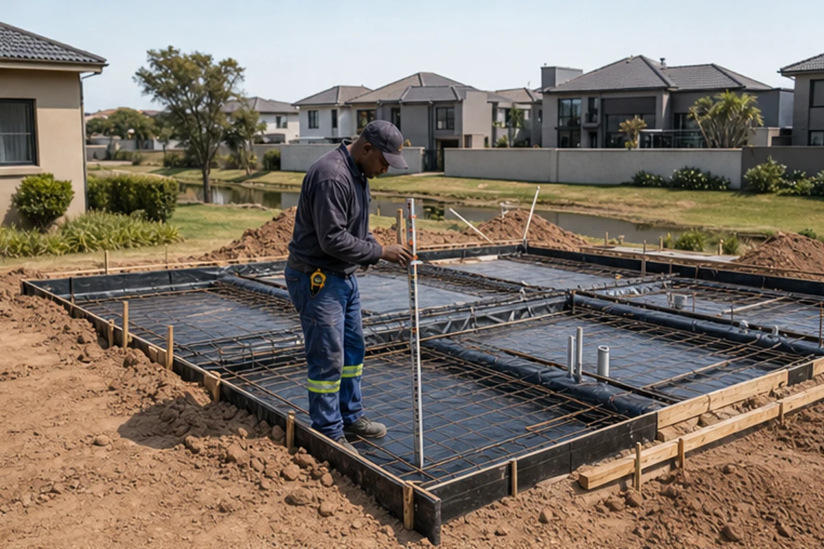 Worker checking reinforcement and service sleeves on an estate foundation slab