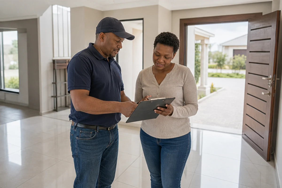 Contractor and homeowner reviewing a finished room during an estate handover walkthrough
