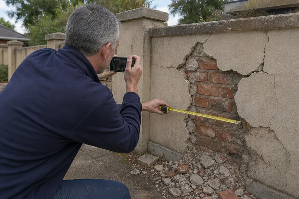 Builder documenting impact damage to a cracked boundary wall