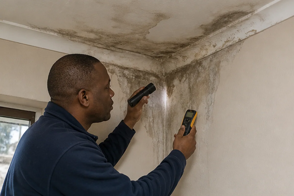 Contractor checking ceiling water ingress with a moisture meter and torch