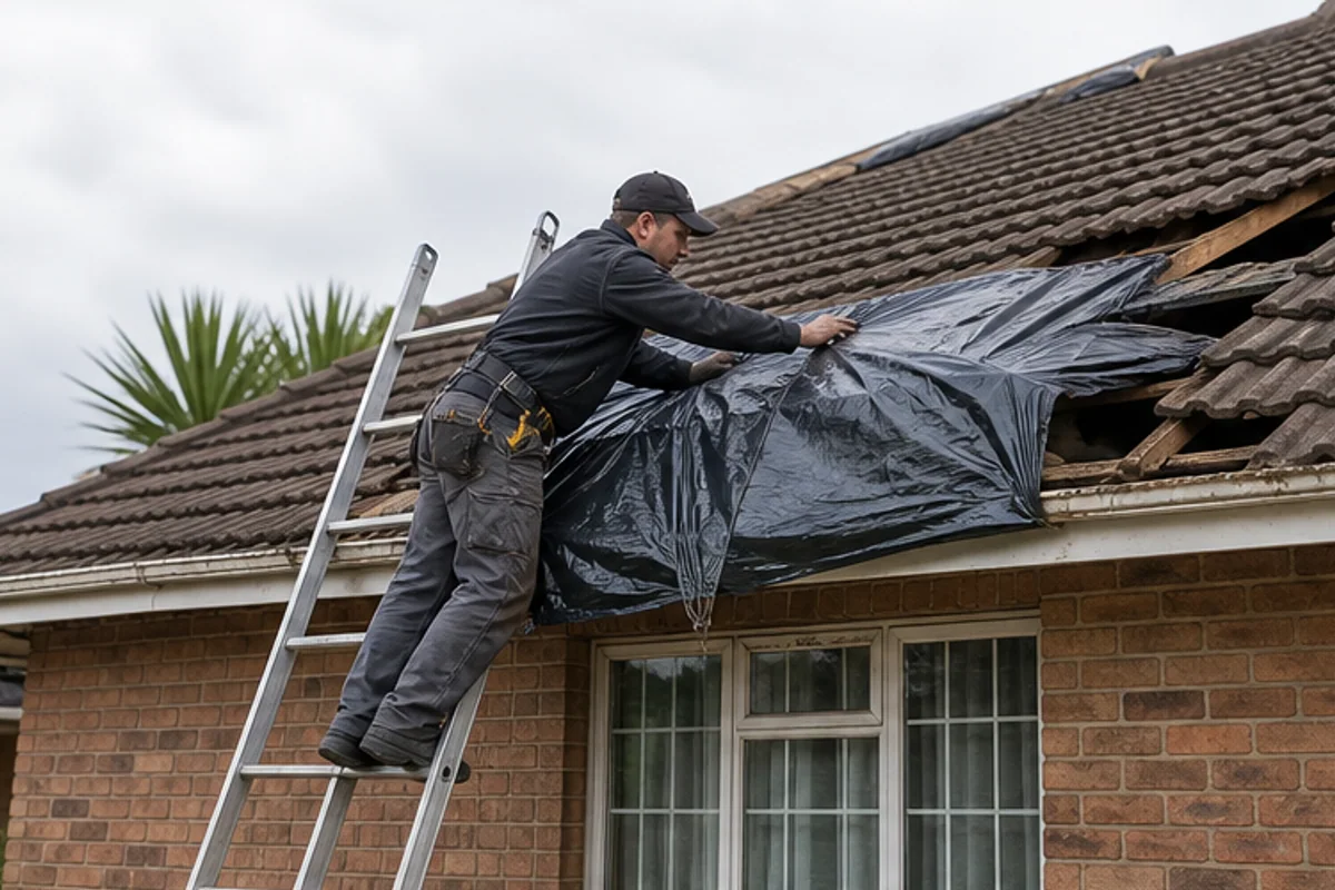 Contractor making safe a storm damaged roof edge with temporary sheeting