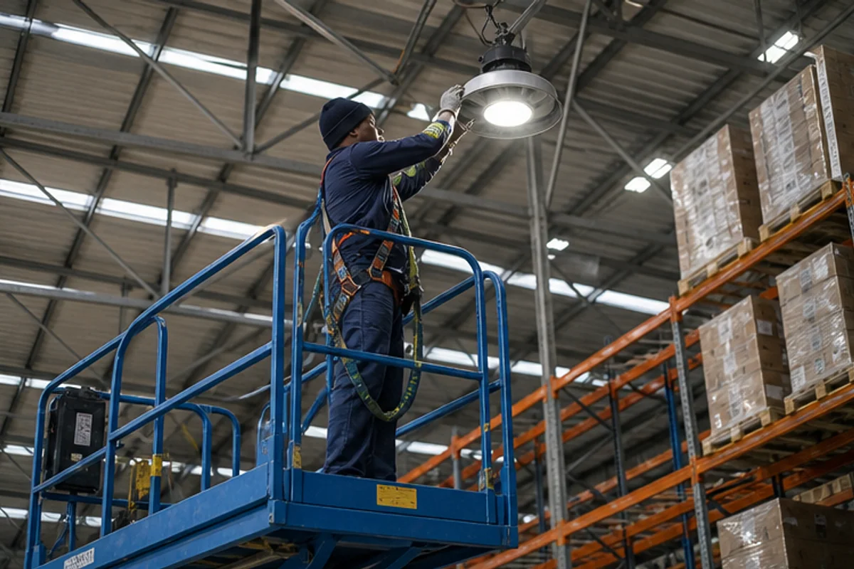 Electricians replacing high bay warehouse lighting from a mobile platform