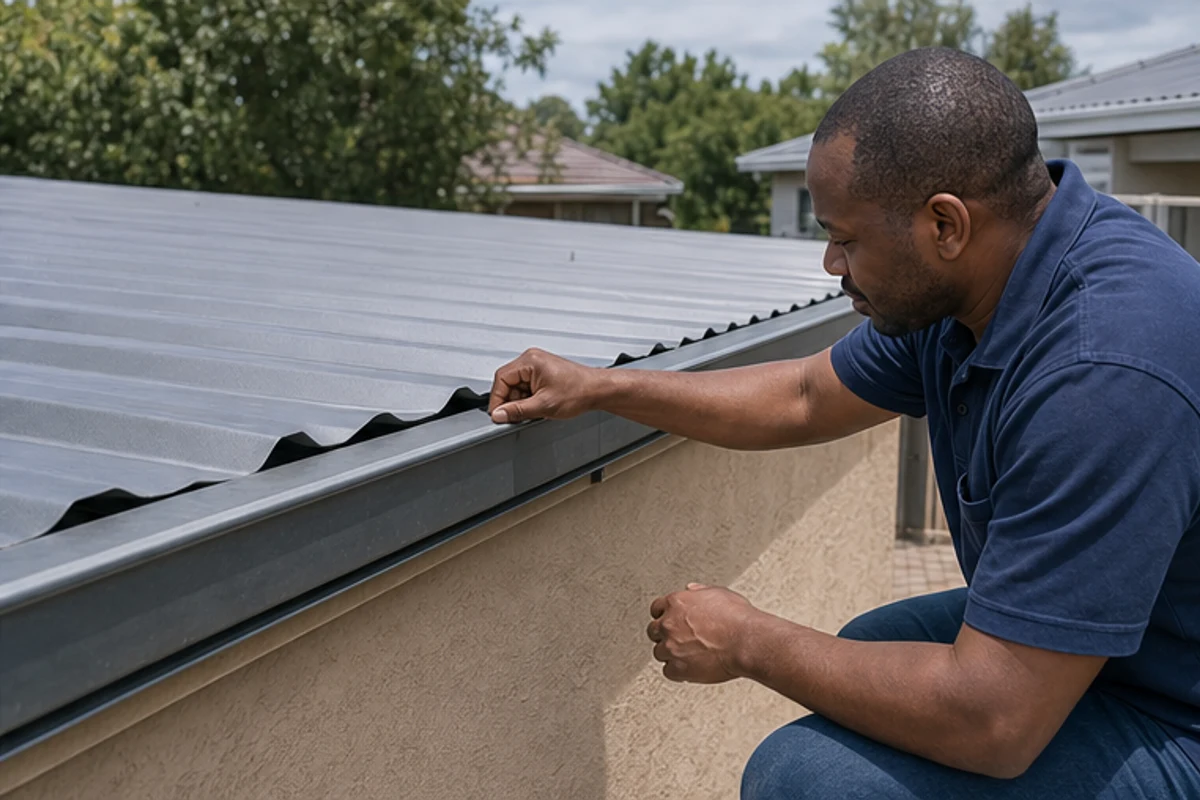 Contractor checking roof sheeting and waterproofing edge finish quality