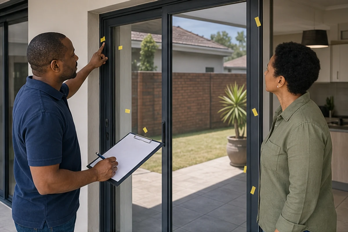 Homeowner and contractor inspecting a sliding door during practical completion snagging