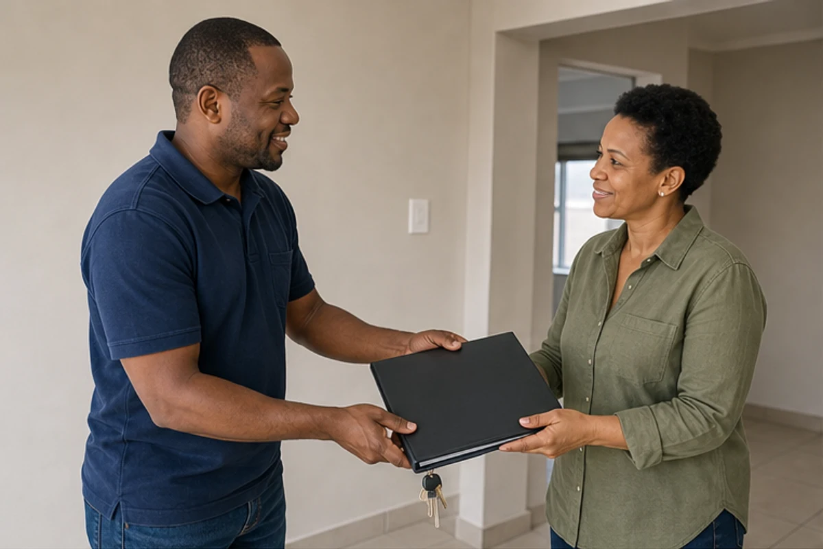 Builder handing over a blank warranty folder and keys in a completed room