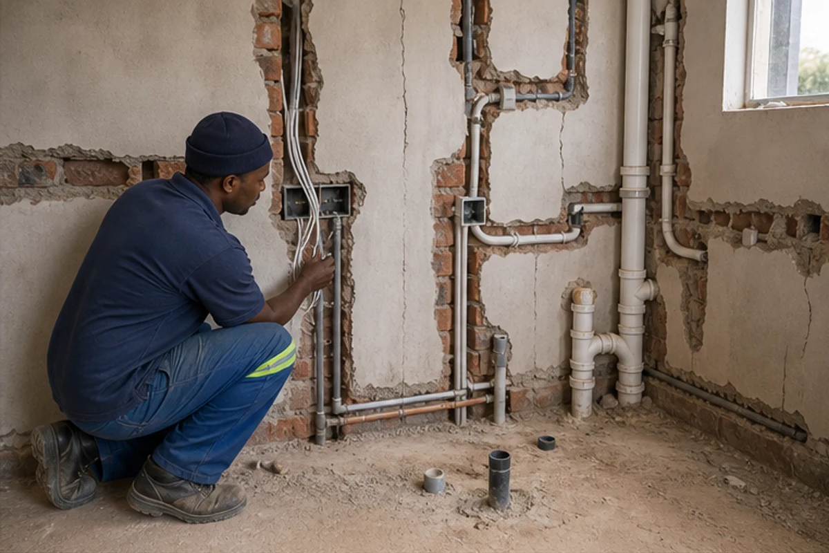 First fix plumbing pipes and electrical conduits in an open wall
