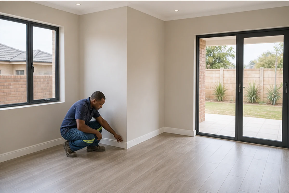 Contractor checking flooring paint and skirting details in a renovated room