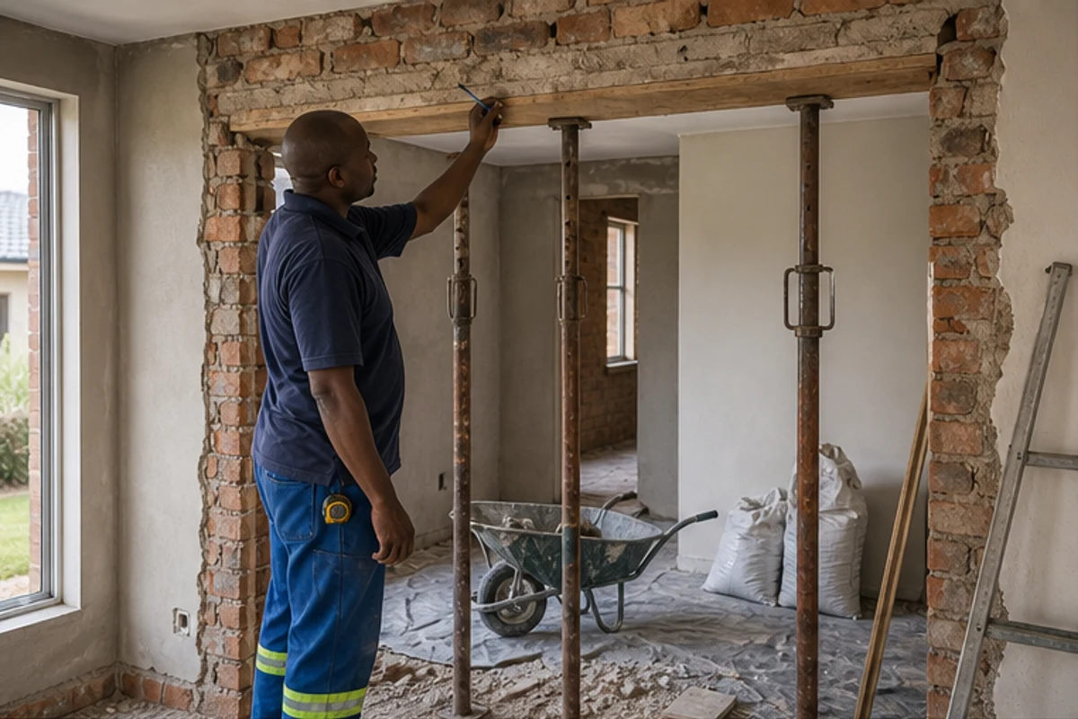 Builder marking out a structural wall opening before renovation work