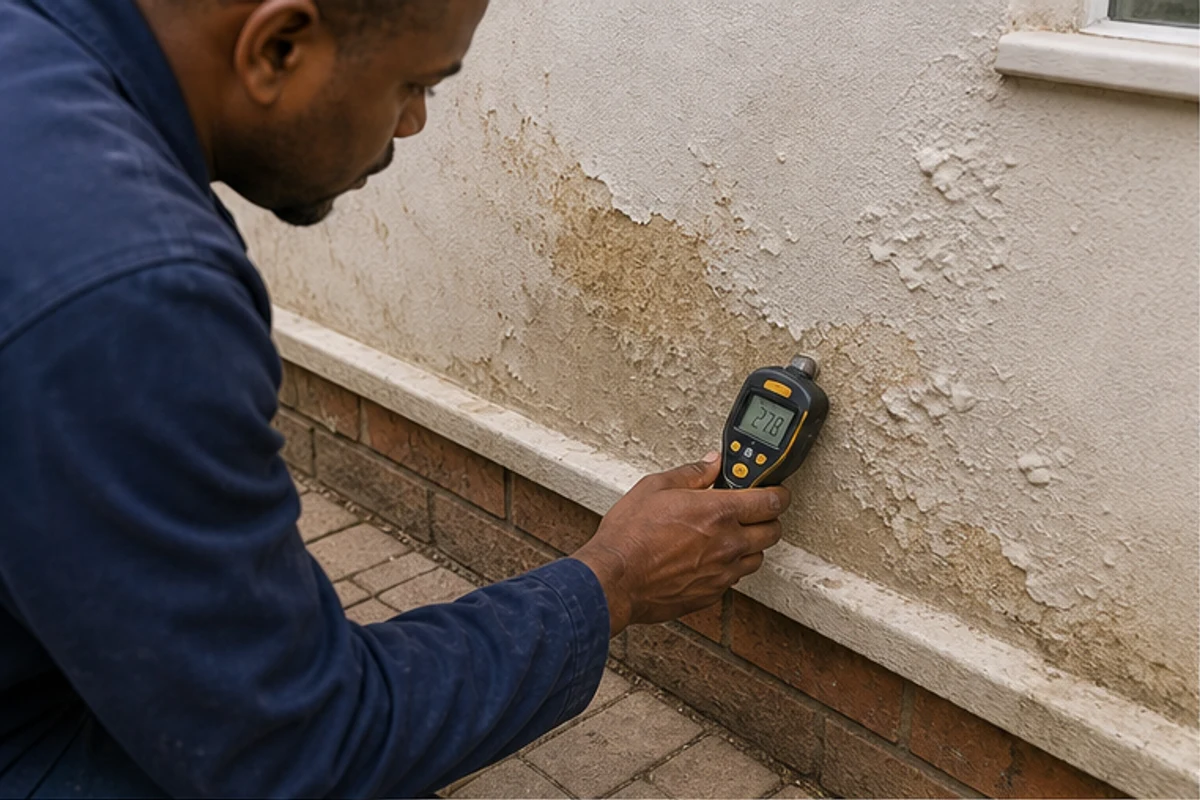Contractor testing bubbling paint on an exterior plaster wall with a moisture meter