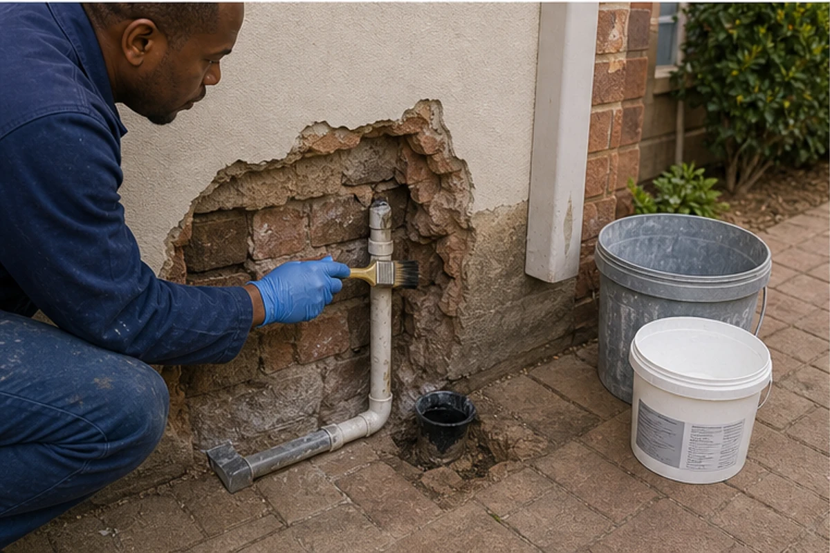 Lower exterior wall opened for damp repair before repainting