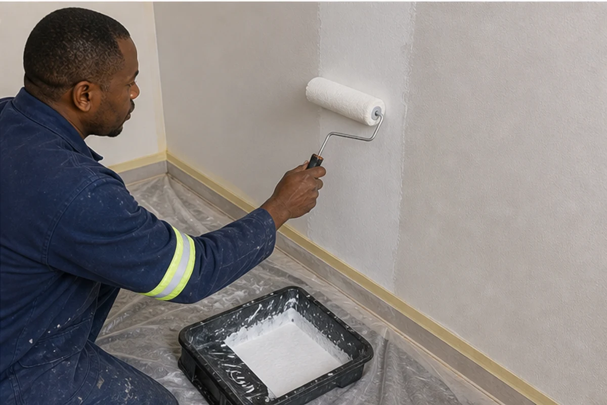 Painter applying primer to a sanded repaired wall