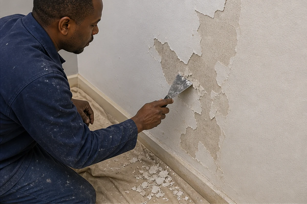 Painter scraping flaking paint from an interior wall over a dust sheet