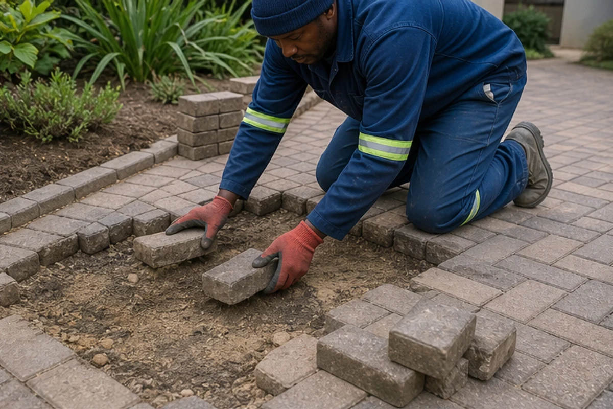 Contractor lifting loose pavers to expose failed bedding sand