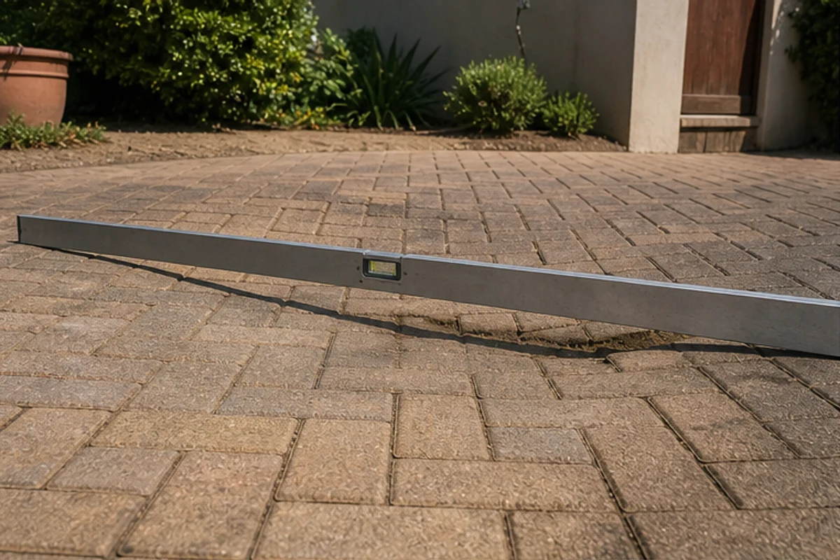 Straightedge showing a depression in sunken driveway pavers