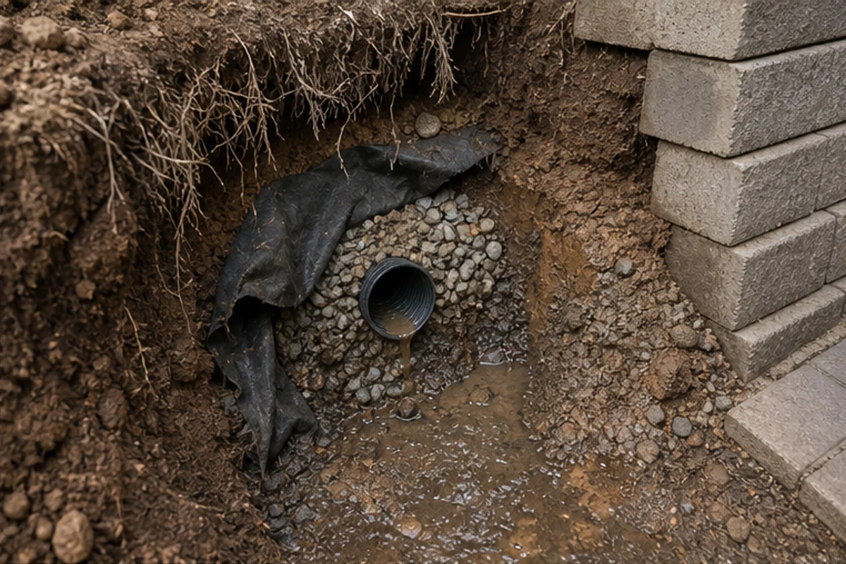 Blocked drainage behind a retaining wall exposed during inspection