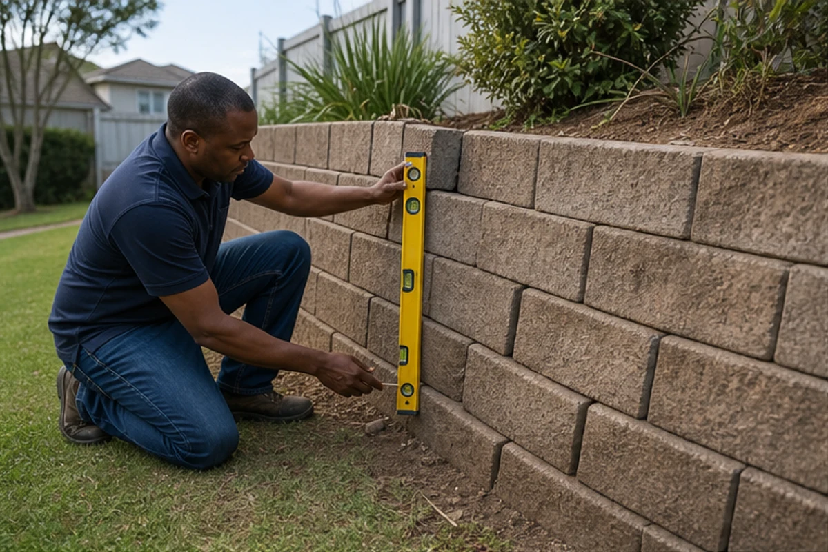 Leaning retaining wall checked with a spirit level
